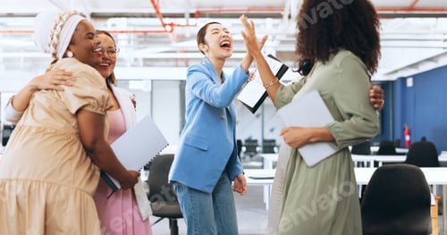 Preview: Support, meeting and business women with hands for motivation, corporate teamwork and success. Team