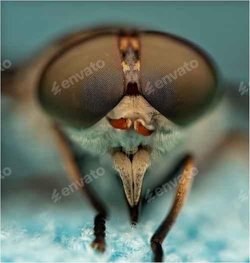 Preview: Close-up shot of a fly with long antennae and large eyes gazing downwards