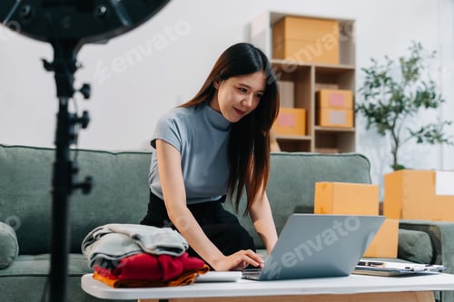 Preview: owner smile enjoy selling show live sale online screen smartphone work at home.