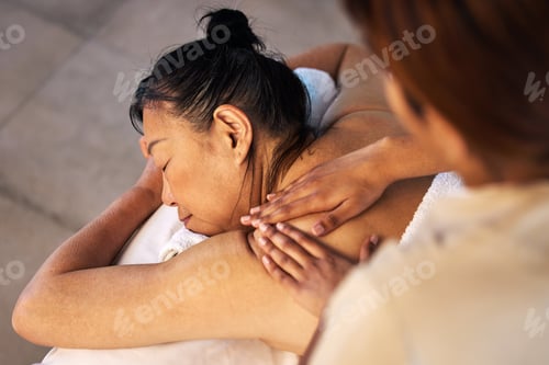 Preview: Wellness, massage and senior with woman in spa for relax, body treatment and hospitality. Peace, co