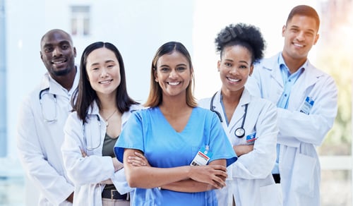Preview: Portrait, doctors and arms crossed with smile for teamwork, healthcare and hospital management. Gro