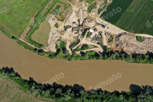 Preview: Aerial view of river sand and gravel exploitation, pit, quarry, ballast