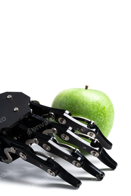 Preview: Real robot's hand with green apple.