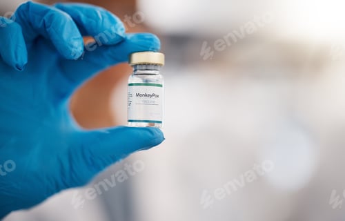 Preview: Monkeypox, healthcare and hand of doctor with vaccine development for virus, infection and medicine