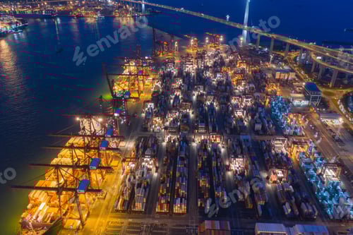 Preview: container cargo ship in the export and import business and logistics. Shipping to the harbor