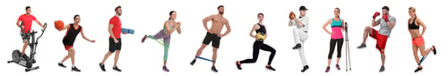Preview: Men and women with different sports equipment on white background, collage