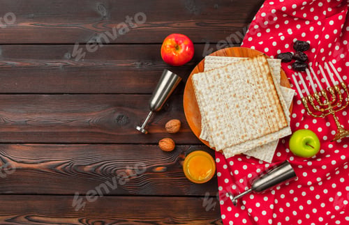 Preview: Jewish holiday Passover banner design with wine, matzo on wooden background.