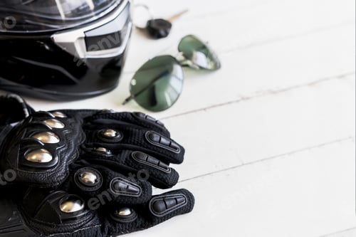 Preview: Outfit of Biker and accessories with copy space