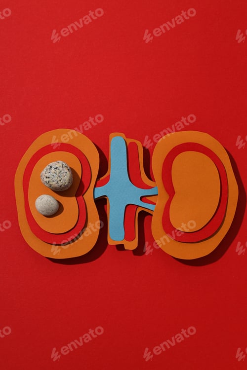 Preview: Kidneys made of paper, with stones, on a red background.