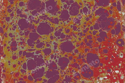 Preview: Abstract ebru technique texture with chaotic bubbles in purple and orange colors