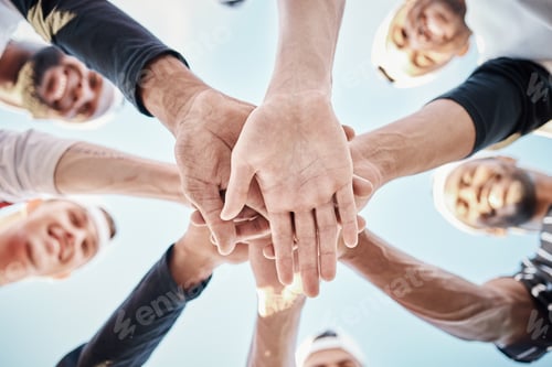 Preview: Hands, baseball motivation or sports people in huddle with support, hope or faith on field in fun g