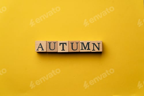 Preview: a yellow warm background without shadows wooden cubes with black letters laid out word autumn