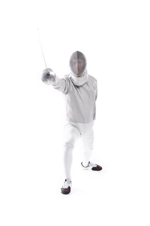 Preview: concentrated fencer in uniform training with rapier in hand isolated on white