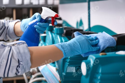 Preview: Woman cleaning water pump with rag and detergent in bathroom fixtures store, closeup