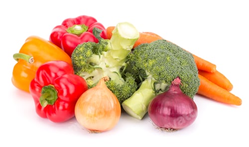 Preview: Fresh vegetables: brocolli, bell peppers, carrot, onion isolated on white background