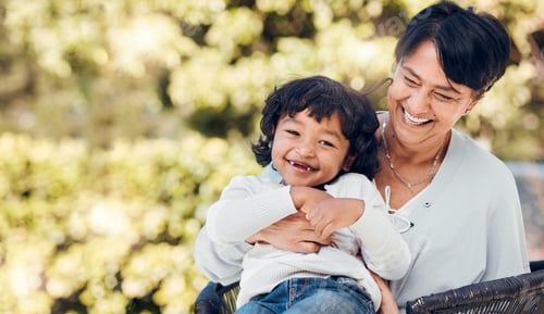 Preview: Boy, laughing and mature woman in park for bonding, support and summer break in Mexico nature. Kid,