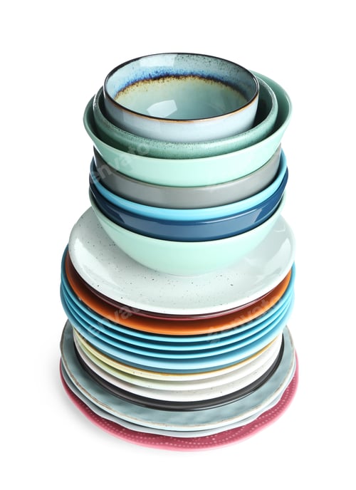 Preview: Stack of ceramic dishware isolated on white