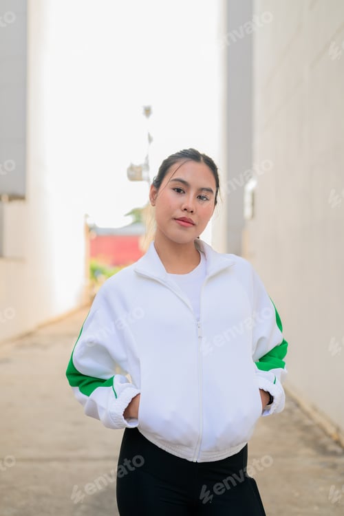 Preview: Young Asian Woman in Sporty Casual Outfit Outdoors