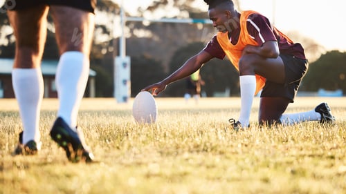 Preview: Rugby ball, kick and sport game with holding support, exercise and competition with athlete trainin