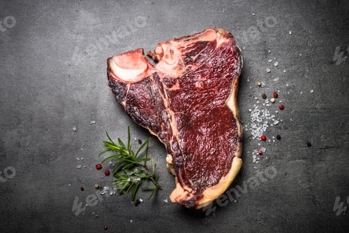 Visualização: Bife seco envelhecido em t-bone em fundo de ardósia preta