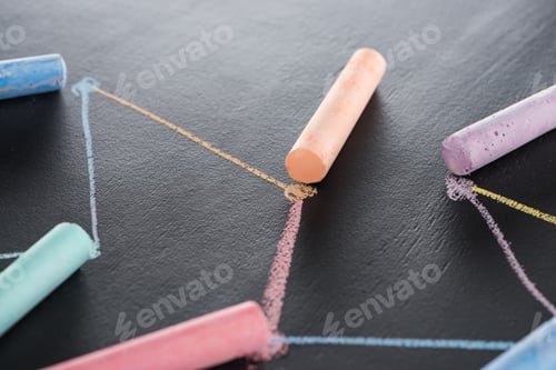 Preview: Colorful Chalk on Black Surface With Connected Drawn Lines, Connection And Communication Concept