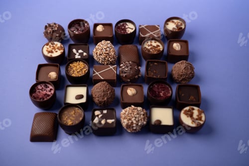 Preview: Artisanal pralines and truffles in grid on lavender backdrop glossy ganache textured coatings nuts