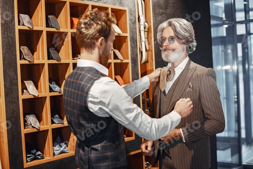Preview: Senior man choosing a new suit in a store