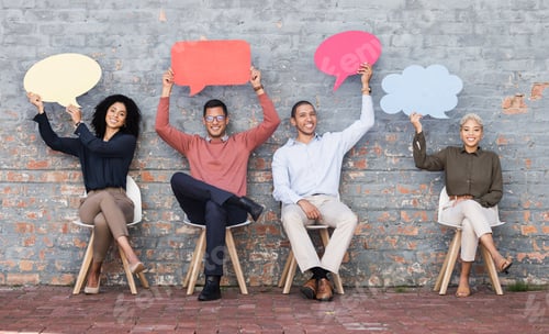 Preview: Speech bubble, feedback and idea with business people and mockup for social media, vote and review.