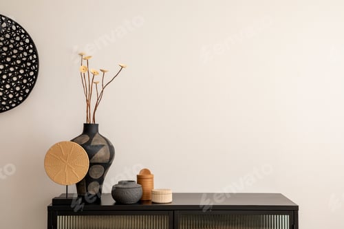 Preview: Creative composition of living room interior with books, plants and personal accessories. Home decor