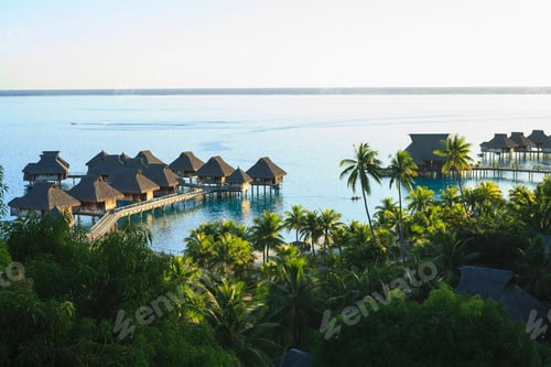 Preview: 54042,Palm trees overlooking tropical resort, Bora Bora, French Polynesia