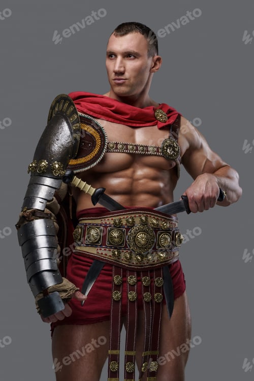 Preview: Muscular colosseum fighter holding twin swords against grey background