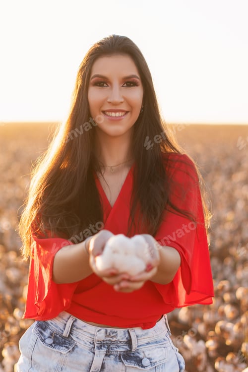 Preview: Young woman holding cotton in a sunlit field