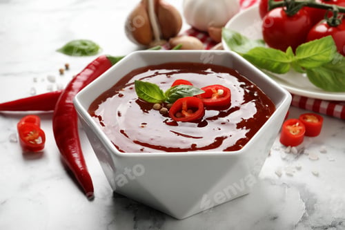 Preview: Spicy chili sauce with basil in bowl on white marble table