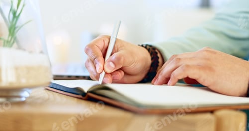 Preview: Writing, notebook and hands with pen for journal, diary entry and creative ideas on desk. Thinking,