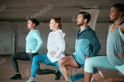 Preview: Shot of a group of friends practicing lunges outside together