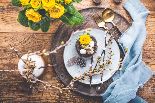 Preview: Easter table setting with spring flowers and cutlery on wooden table