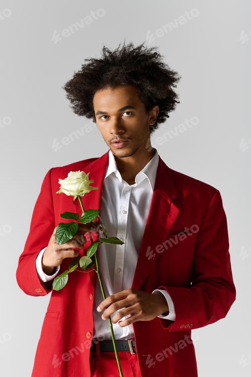 Preview: Charming young man in elegant red attire holds a rose with confidence and style