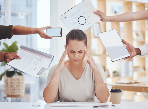 Preview: Stress, headache, and time management of business woman with project document, tablet and a phone c