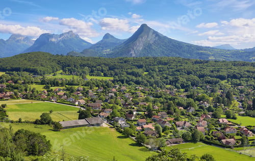 Preview: Scenic view of mountains and scattering houses from Menthon castle in Haute-Savoie