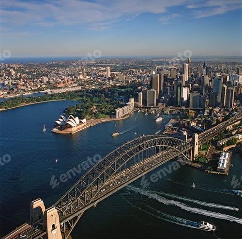Preview: Aerial view of Sydney skyline featuring the Harbour Bridge and Opera House