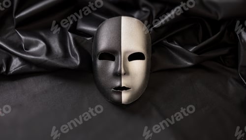 Preview: Carnival Venetian two faced mask, half black half silver on dark satin textile background,