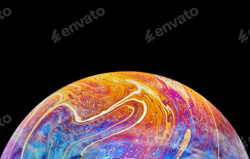 Preview: Virtual reality space with abstract multicolor psychedelic planet. Closeup Soap bubble like