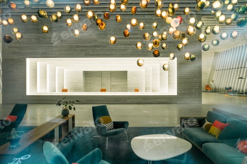 Preview: Interiors of a business center with sleek modern design, furniture, and a lamp