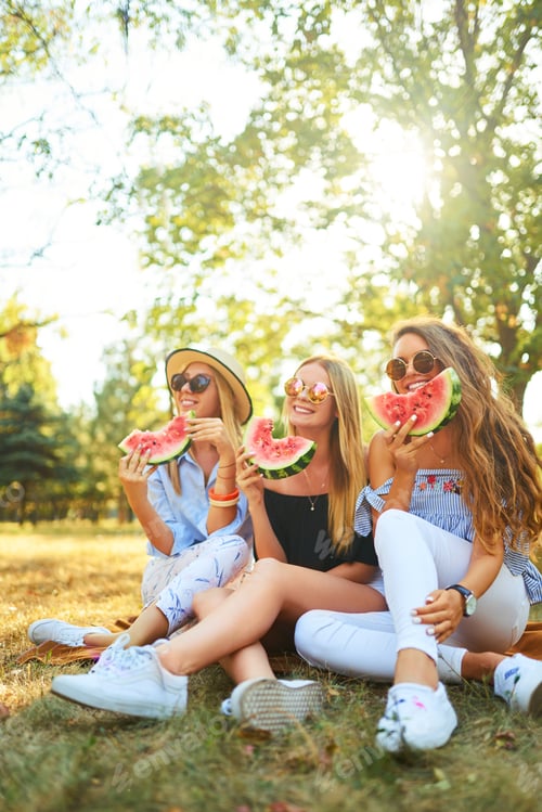 Preview: Three nice girls having fun eating watermelon In park. Excellent sunny weather. Beautiful figures