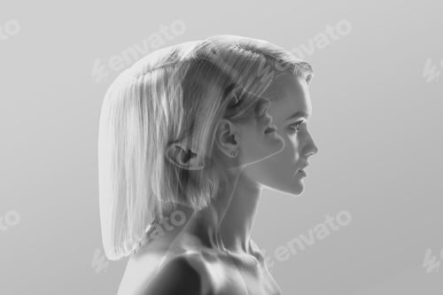 Preview: multiple exposure of beautiful blonde woman profile on grey