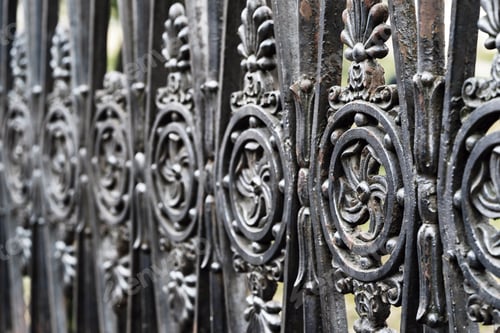 Preview: Ornate Metalwork Fence Detail in Shades of Gray