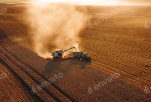 Preview: Rural non urban scene, on the field. Agricultural machine harvesting wheat