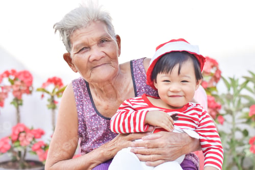 Preview: Little boy, baby boy sit with grandma in outdoor