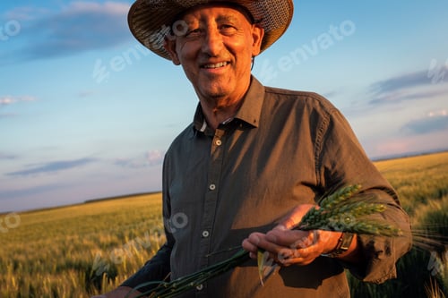 Preview: Portrait of senior farmer in wheat field at sunset.
