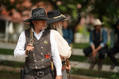 Preview: Brutal cowboy with revolver, gunfight on ranch, rural background.